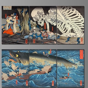 Utagawa Kuniyoshi Triptych Woodblock Prints on Refrigerator Magnets. Ukiyo-e. Edo Period. Japan. Folklore. Six Different Choices. (Set Nº 3)