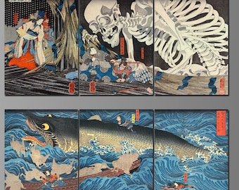 Tríptico de Utagawa Kuniyoshi grabados en madera sobre imanes de nevera. Ukiyo-e. Período Edo. Japón. Folklore. Seis opciones diferentes. (Conjunto Nº 3)