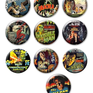 Escenas de carteles de películas de terror en botones metálicos con cierre de pin. Clásicos, vintage. Tamaños de 2,5 cm o 3,8 cm. Diez opciones diferentes. (Set n.° 1)