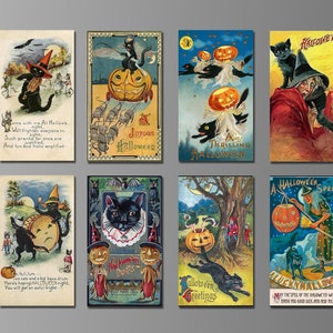 Vintage Halloween Postkarten auf Kühlschrankmagneten. Schwarze Katzen. Acht verschiedene Auswahlmöglichkeiten. (Set N° 13)