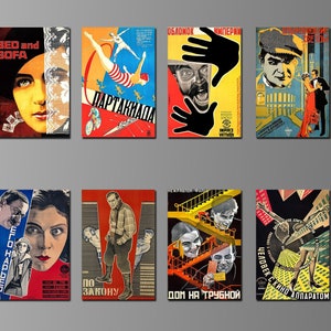 May include: A collection of eight vintage movie posters with bold colors and geometric designs. The posters feature titles like "Bed and Sofa", "Partnaklada", "Oblomok Imperii", "Eto Napreda", "Po Zakonu", "Dom na Trubnoy", and "Chelovek s Kino Apparatom".
