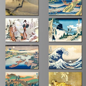 Katsushika Hokusai Kunstwerke auf Kühlschrankmagneten. Ukiyo-e. Edo-Periode. Japan. Gedichte, Landschaften. Acht verschiedene Auswahlmöglichkeiten. (Set N° 1)