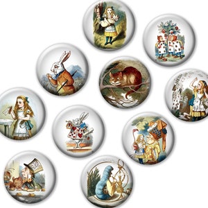 Alice in Wonderland Scenes on Metal Pin Back Buttons.  Color Illustrations by Sir John Tenniel. 1&quot; or 1.5&quot;. Ten Different Choices (Set Nº 1)