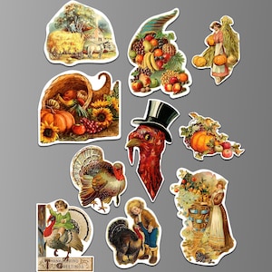 Images rétro de Thanksgiving sur des aimants pour réfrigérateur. vintage automne, récolte. Découpes avec bordure blanche. Dix choix différents. (Set Nº 1)