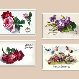 Vintage Geburtstags-Postkarten, 4 "x6 ”auf mattem oder glänzendem Archival Paper. Mini Art. Vier verschiedene Auswahl oder Set. (Set Nr. 4)