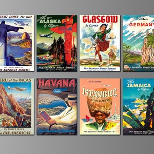 Pôsteres de viagens aéreas em ímãs. Vintage, Flying Clippers, Pan American World Airways, Viagens Exóticas. Oito opções diferentes. (Conjunto nº 2)