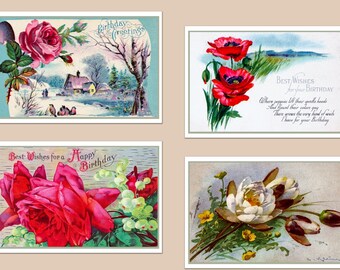 Postcards, Vintage Birthday, 4"x6” on Matte or Glossy Archival Paper. Mini Art. Four Different Choices or Set. (Set Nº 3)