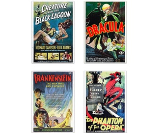 Op de afbeelding: Vier vintage filmposters met klassieke horrorfilms: Creature from the Black Lagoon, Dracula, Frankenstein en The Phantom of the Opera. Elke poster heeft een kleurrijke illustratie en de titel van de film.