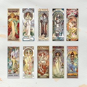 Alphonse Mucha Art Nouveau Advertisements Laminated Bookmarks. Belle Époque, Victorian, 19th Century, French. Ten Different. (Set Nº 1)