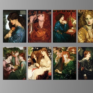 May include: A collection of nine framed paintings depicting women with long flowing hair. The paintings are in a variety of styles, including Pre-Raphaelite and Art Nouveau. The women are all dressed in elegant clothing and have a dreamy, ethereal look.