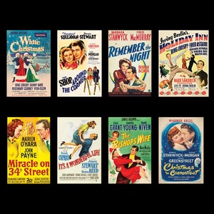 May include: A collage of nine vintage movie posters featuring classic Christmas films. The posters are colorful and feature images of actors and actresses from the films. The titles of the films include "White Christmas", "Miracle on 34th Street", "Remember the Night", "Holiday Inn", "The Bishop's Wife", "It's a Wonderful Life", "Shop Around the Corner", "Christmas in Connecticut", and "The Bishop's Wife".