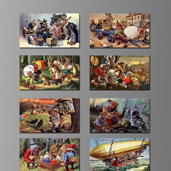 Vintage Easter Refrigerator Magnets. (Set Nº 6) Works in this set by German Illustrator Carl Robert Arthur Thiele. Gnomes, Dwarves, Rabbits