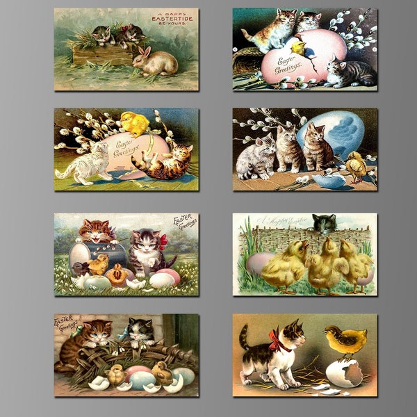 Vintage Easter Refrigerator Magnets. Greeting Card Images with Cats, Kittens.  (Set Nº 10)