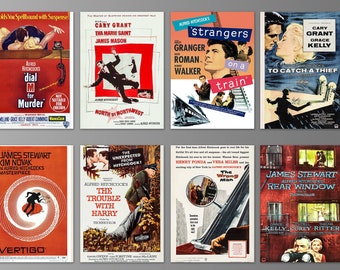 Alfred Hitchcock Movie Posters on Magnets. Thriller, Mystery, Suspence, Crime, Spies, Film Noir, 1950s. Eight Different Choices. (Set Nº 1)