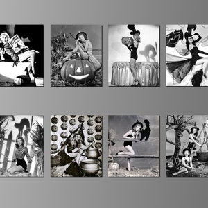 Halloween Pin Ups Vintage Black & White on Magnets. 1930s, 1940s, 1950s. Witches. Eight Different Choices. (Set Nº 1)