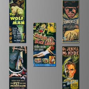 May include: A collection of vintage movie posters featuring classic horror films. The posters are all in black and white and feature iconic images from the films. The posters are for the films "The Wolf Man", "Creature from the Black Lagoon", "Frankenstein", "Dr. Jekyll and Mr. Hyde", and "The Pit and the Pendulum".