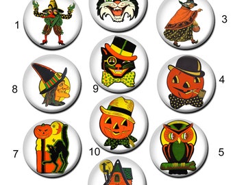 Vintage Halloween Metal Pin Back Buttons. 1&quot; (25mm) or 1.5&quot; (37mm). Ten Different Choices. (Set Nº 2)