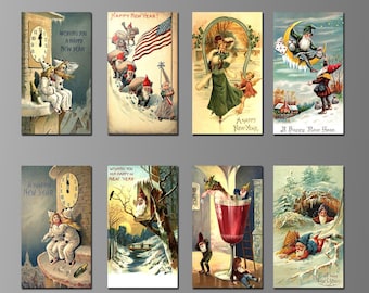 Vintage New Year Refrigerator Magnets. Eight Different Choices. (Set Nº 1) . New Year's Eve, Holiday, Prosperity, Luck