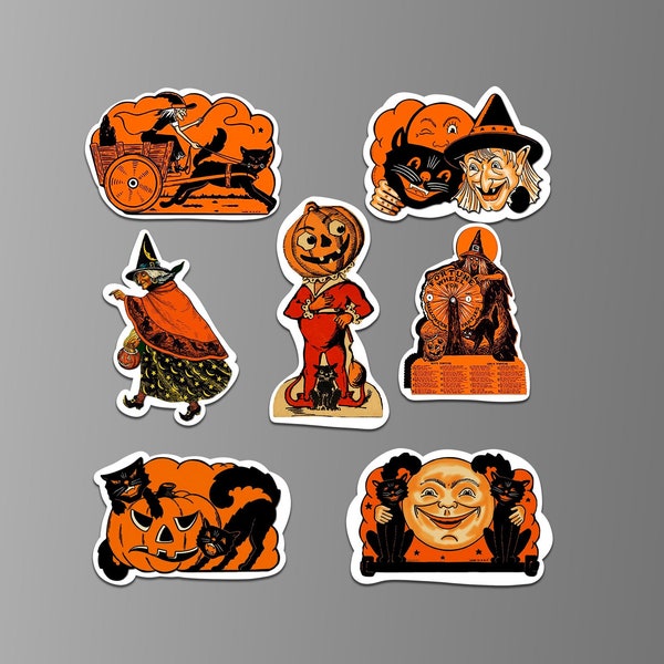 Retro Halloween Decorations on Refrigerator Magnets. Vintage Images. Cut Outs with White Borders. Individual or Set. (Set Nº 1)