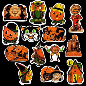 Klassische Vintage Horror Halloween Dekoration. Vinyl-Aufkleber, Abziehbilder. Glänzendes, wasserfestes Papier.  Set von Vierzehn. (Set N° 1)