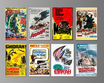 Classic Japanese Monster Movie Posters on Magnets. English Language Versions.  (Set Nº 1) Godzilla, Rodan, Mothra, Ebirah, Ghidrah