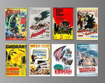 Classic Japanese Monster Movie Posters on Magnets. English Language Versions.  (Set Nº 1) Godzilla, Rodan, Mothra, Ebirah, Ghidrah