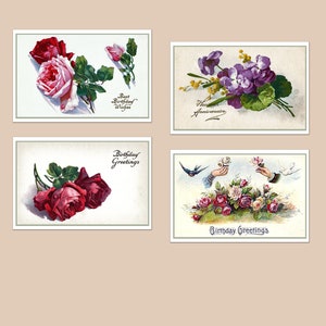 Cartes postales d'anniversaire vintage, 10 x 15 cm sur papier d'archivage mat ou glacé. Mini oeuvres d'art. Quatre choix différents ou jeu. (Jeu n° 4)