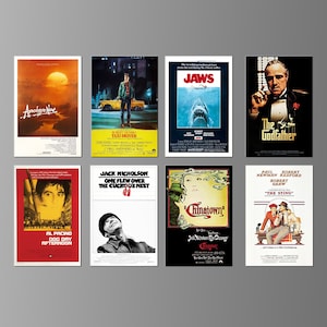 May include: A collage of nine movie posters featuring classic films such as "Apocalypse Now", "Taxi Driver", "Jaws", "The Godfather", "One Flew Over the Cuckoo's Nest", "Chinatown", and "The Sting".