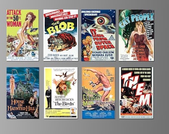 May include: A collection of nine vintage movie posters featuring classic horror films. The posters are in various colors and feature iconic images from the films, such as a woman in a red dress, a giant eye, and a creature from the deep.