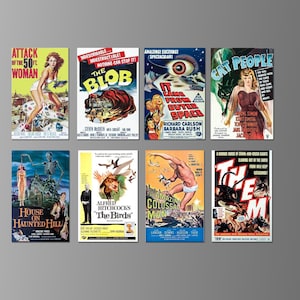 May include: A collection of nine vintage movie posters featuring classic horror films. The posters are in various colors and feature iconic images from the films, such as a woman in a red dress, a giant eye, and a creature from the deep.