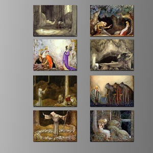 May include: A set of ten vintage illustrations depicting scenes from a fairy tale. The illustrations are in a whimsical style with a focus on nature and fantasy. The illustrations are printed on paper and framed in a simple black frame.