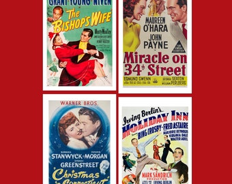 Puede incluir: Cuatro carteles de películas vintage se muestran sobre un fondo rojo. Los carteles incluyen "The Bishop's Wife", "Miracle on 34th Street", "Christmas in Connecticut" y "Holiday Inn". Cada cartel presenta ilustraciones y texto coloridos.