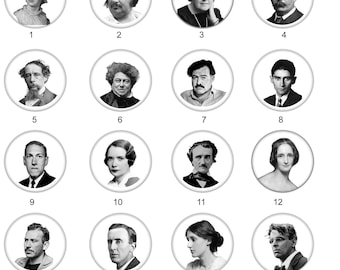 B&W Portraits of Famous Writers on Pinback Buttons. Poe, Lovecraft, Shelley, Doyle, Kafka, Austen, Yeats, Steinbeck, Balzac, Dickens, Dumas