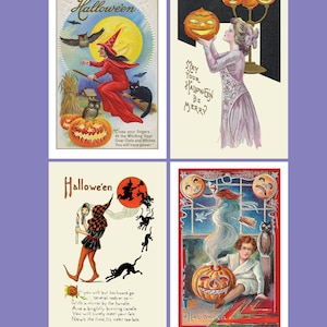 Postales vintage de Halloween, collage de imágenes. 4"x6" en papel de archivo mate o brillante. Mini arte. Cuatro opciones o conjuntos diferentes. Búhos, gatos