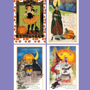 Postales vintage de Halloween, 4"x6" en papel de archivo mate o brillante. Mini arte. Cuatro opciones o conjuntos diferentes. Bruja, Murciélagos, Calabaza