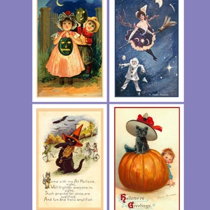 Postales vintage de Halloween, collage de imágenes. 4"x6" en papel de archivo mate o brillante. Mini Art. Cuatro opciones o conjuntos diferentes. Cobweb Cat