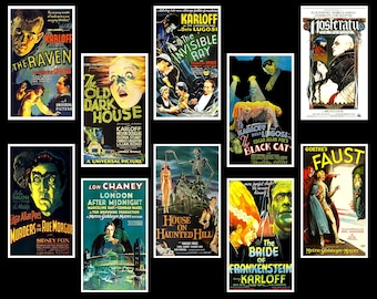Classic Vintage Horror Movie Posters. Vinyl Stickers, Decals. Glossy, Waterproof Paper.  Set of Ten. (Set Nº 1)