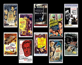 以下が含まれることがあります： ホラー映画のヴィンテージ映画ポスターのコラージュ。ポスターはカラフルで、ヴィンセント・プライス、ボリス・カーロフ、ベラ・ルゴシなど、映画の象徴的な画像が特徴です。映画のタイトルには、「ピットと振り子」、「レイヴン」、「透明人間が帰ってきた」、「地球最後の男」、「幽霊の館」、「アッシャー家」、「赤い死のマスク」、「世界の支配者」などがあります。