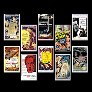 May include: A collage of vintage movie posters featuring horror films. The posters are colorful and feature iconic images from the films, such as Vincent Price, Boris Karloff, and Bela Lugosi. The titles of the films include "The Pit and the Pendulum", "The Raven", "The Invisible Man Returns", "The Last Man on Earth", "The Haunted Palace", "House of Usher", "The Masque of the Red Death", and "Master of the World".