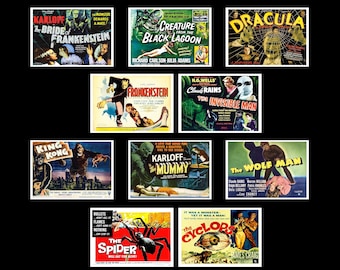 May include: A collage of nine vintage movie posters featuring classic horror films. The posters feature iconic characters like Frankenstein, Dracula, the Mummy, and the Wolfman. The posters are in various colors and styles, with bold text and dramatic imagery.