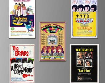 May include: A collection of five vintage movie posters featuring The Beatles. The posters are in various colors and feature different album covers and movie titles, including "Yellow Submarine", "Help!", "Magical Mystery Tour", "A Hard Day's Night", and "Let It Be".