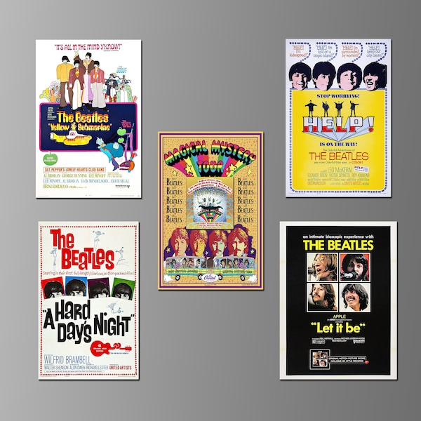 Beatles Movie Posters on Refrigerator Magnets. 1960s British Rock Music. John Lennon, Paul McCartney, George Harrison, Ringo Starr. 5 Films