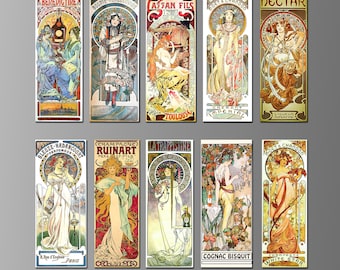 Alphonse Mucha Art Nouveau Advertisements on Magnets. Belle Époque, Victorian, 19th Century, French  Ten Different. (Set Nº 1)