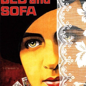 May include: A vintage movie poster for the film "Bed and Sofa" featuring a woman's face partially obscured by a white lace veil. The title of the film is in red letters against a black background.