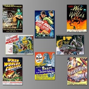 May include: A collection of nine vintage movie posters featuring science fiction and fantasy films. The posters are colorful and feature iconic imagery from the films, such as spaceships, monsters, and futuristic cities. The posters are in good condition and would be a great addition to any movie buff's collection.