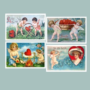 Vintage Valentine Postcards, 4&quot;x6” on Matte or Glossy Archival Paper. Mini Art. Four Different Choices or Set. (Set Nº 7 )