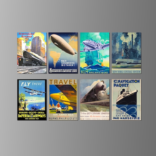 Travel Posters on Magnets. Art Deco, Vintage, Exotic Travel. 1930s, 1940s. Eight Different Choices. (Set Nº 2)
