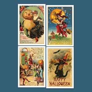 Postales vintage de Halloween, 4" x 6" en papel de archivo mate o brillante. Miniatura. Cuatro opciones diferentes o juego. (Juego n.º 4)