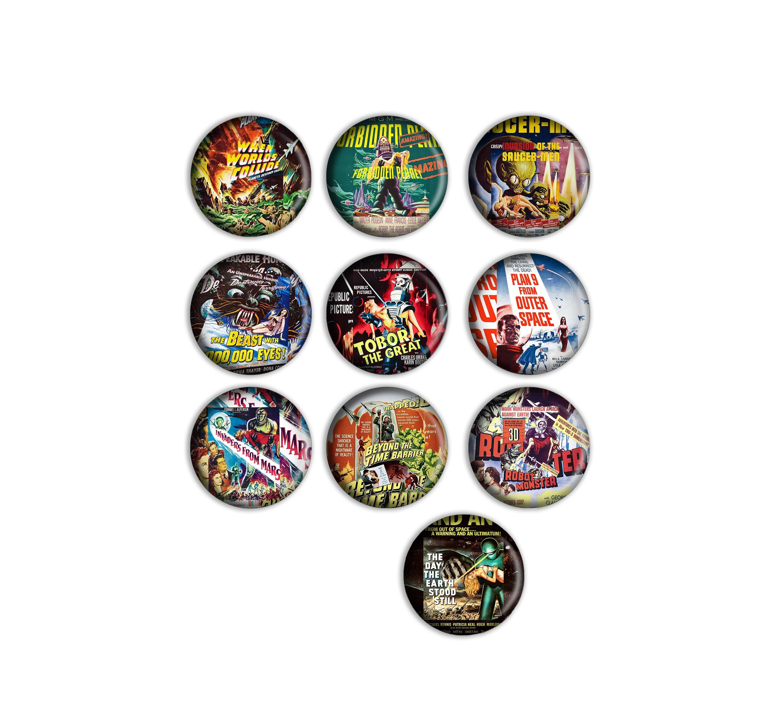 Scenes From Classic Vintage Sci-Fi Movie Posters on Metal PinBack Buttons. Outer Space, Aliens. 1" or 1.5". Ten Different Choices. Set Nº 1