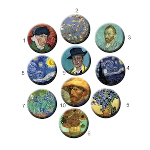 May include: Ten round buttons featuring different paintings by Vincent van Gogh. The buttons are arranged in a circle with numbers 1 through 10 around the outside.